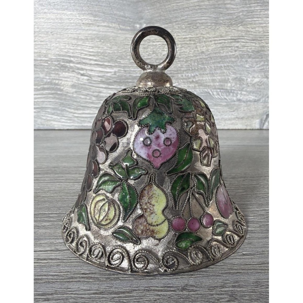 Vtg Silver Toned Metal Cloisonne Bell Ornament Strawberries Grapes Cherries 3"